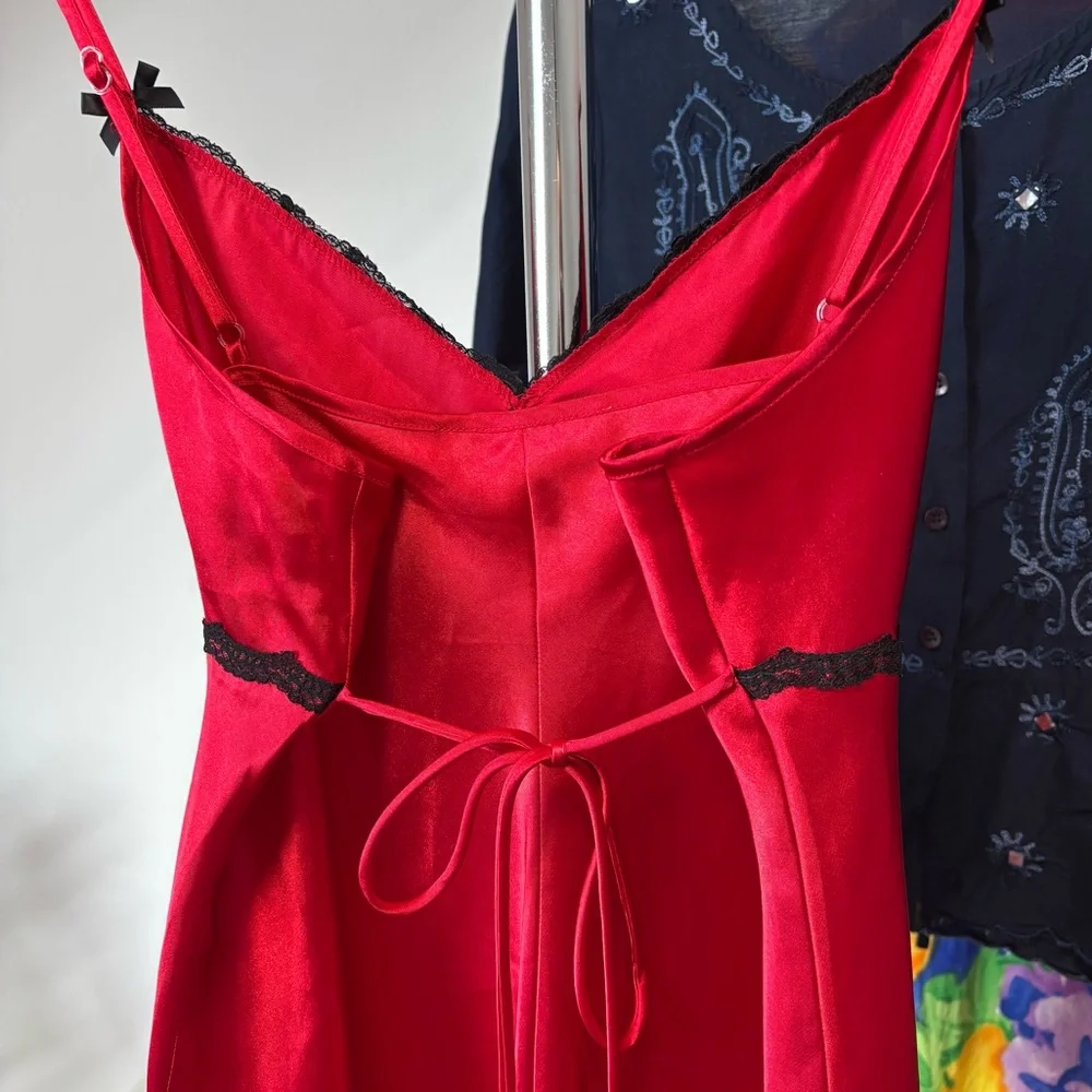 vtg California Dynasty red satin slip dress with lacey trim size large